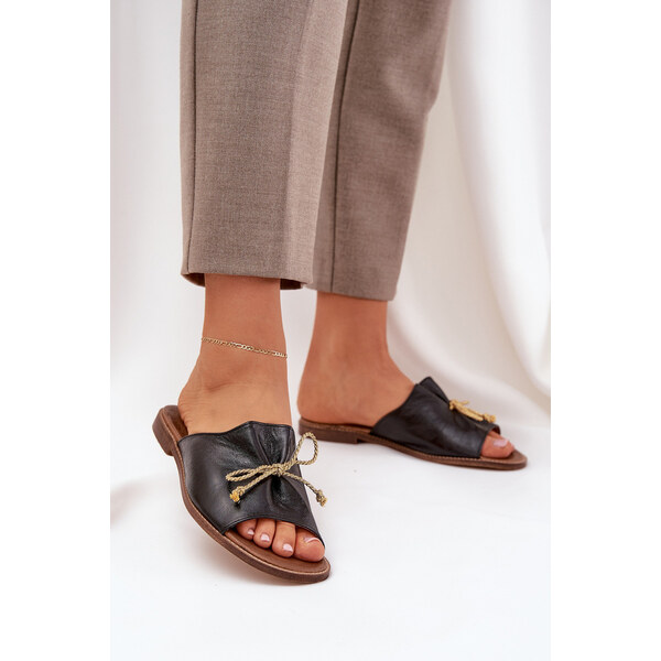 Boto Skórzane Płaskie Eleganckie Klapki Z Kokardką Lewski 3572 Czarne 66661763