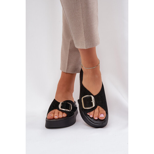 Zamszowe Klapki Damskie Z Klamrą Na Platformie Zazoo 3019 Czarne 66661899