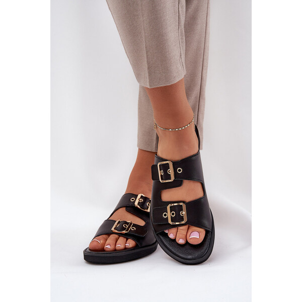 Skórzane Płaskie Klapki Z Klamrami Zazoo 3020 Czarne 66661907