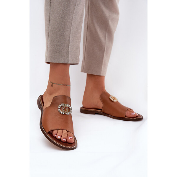 Eleganckie Skórzane Klapki Damskie Z Ozdobą Zazoo 3008 Camel 66661905