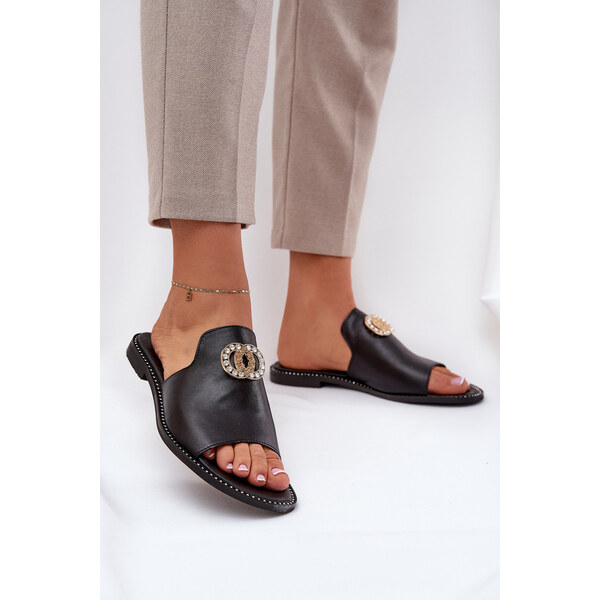 Eleganckie Skórzane Klapki Damskie Z Ozdobą Zazoo 3008 Czarne 66661903