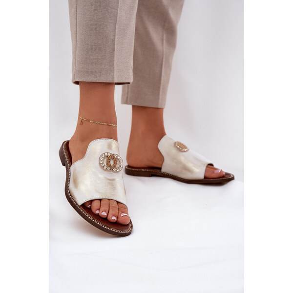 Eleganckie Skórzane Klapki Damskie Z Ozdobą Zazoo 3008 Złoty 66661904