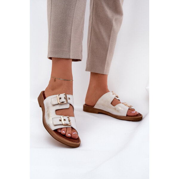 Skórzane Płaskie Klapki Z Klamrami Zazoo 3020 Złoty Przecierany 66661909