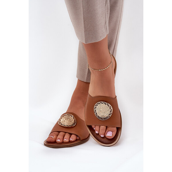 Zazoo 2938 Skórzane Klapki Na Płaskim Obcasie Z Ozdobą Camel 66661911