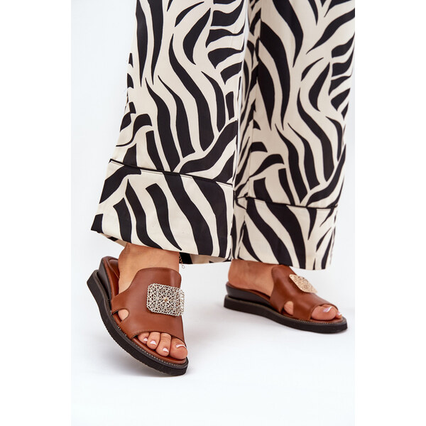 Boto Klapki Damskie Na Koturnie Eko Skórzane Z Ozdobą Brązowe Sarela 66661957