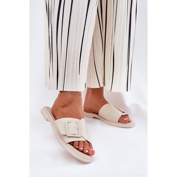 S.Barski Skórzane Klapki Damskie Z Klamrą D&A SJ2302-01 Beżowe 66662269