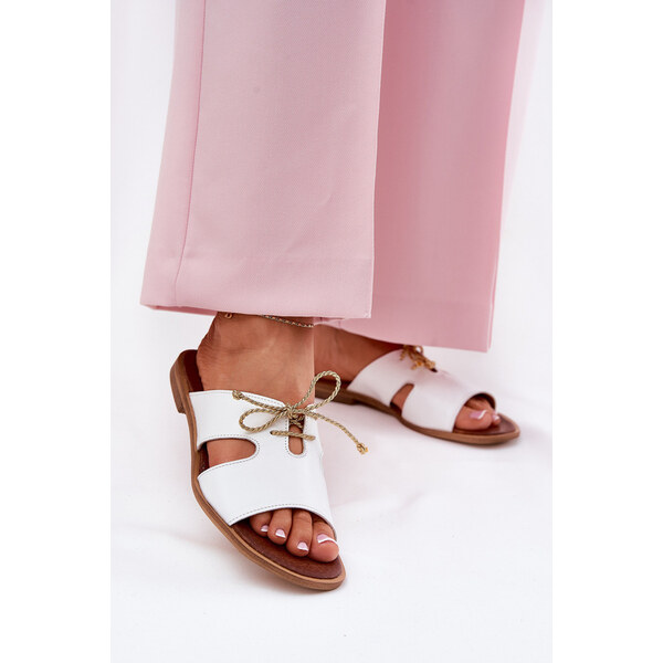 Skórzane Klapki Damskie Na Płaskim Obcasie Zazoo 3022 Białe 66662484