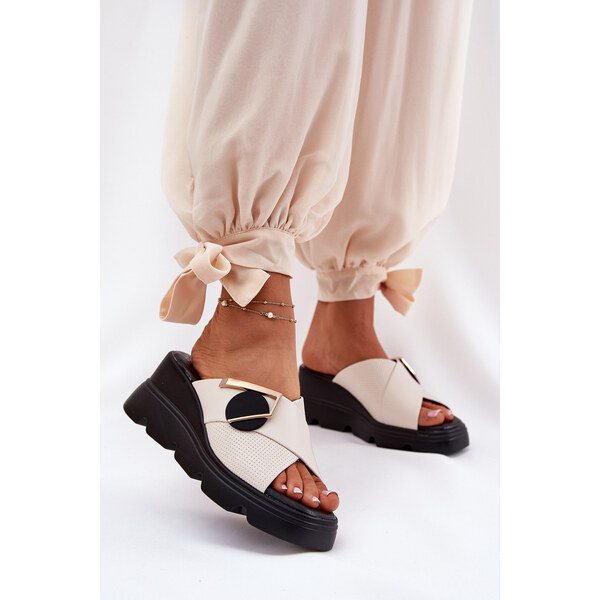 Eleganckie Skórzane Klapki Damskie Na Koturnie Z Ozdobą Artiker 66662559