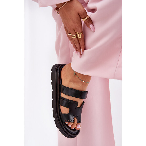 Klapki Damskie Z Naturalnej Skóry Na Platformie Zazoo 40440 Czarne 66662631