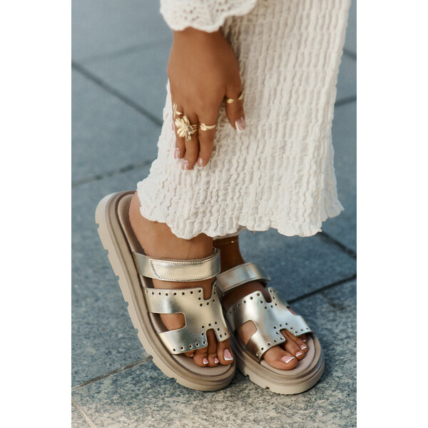 Klapki Damskie Z Naturalnej Skóry Na Platformie Zazoo 40440 Złote 66662632