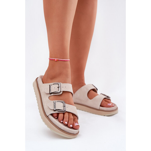 Zamszowe Klapki Damskie Z Klamrami D.Franklin DFSH405001 Beżowe 66662687