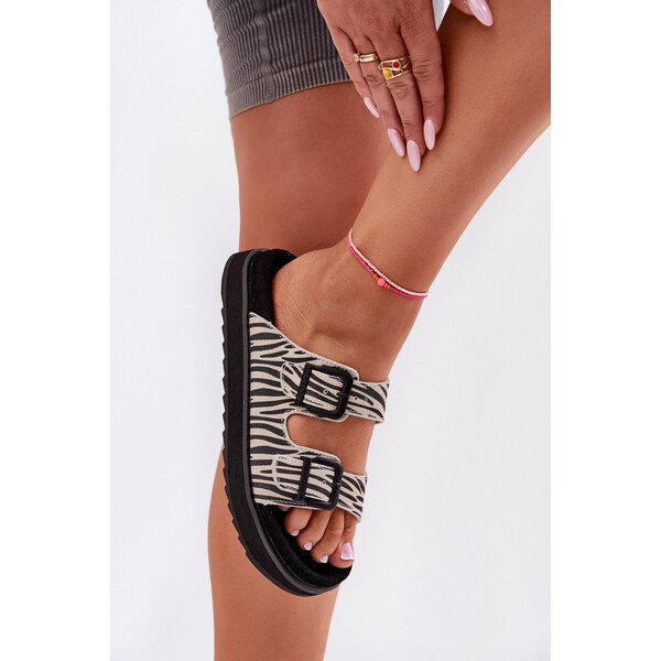 Zamszowe Klapki Damskie Z Klamrami D.Franklin DFSH405002 Zebra 66662686