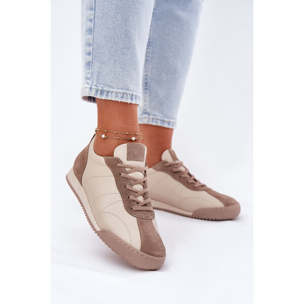 Skórzane Buty Sportowe Damskie Laura Messi 2935 Beżowe 66662704