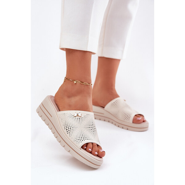 Skórzane Klapki Damskie Na Koturnie Vinceza 41477 Beżowe 66662726