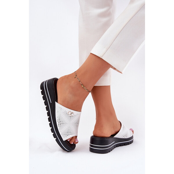 Skórzane Klapki Damskie Na Koturnie Vinceza 41477 Białe 66662727