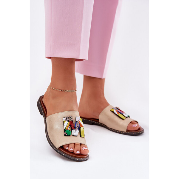 Boto Klapki Damskie Na Płaskim Obcasie Z Ozdobą Złote Clelione 66662794