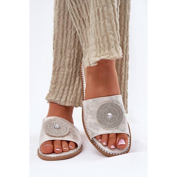 Klapki Damskie Na Płaskim Obcasie Z Ozdobą S.Barski KV51-013 Srebrne 66662907