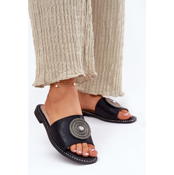 Klapki Damskie Na Płaskim Obcasie Z Ozdobą S.Barski KV51-013 Czarne 66662908