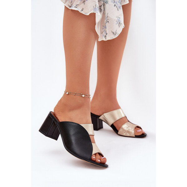 Skórzane Klapki Damskie Na Słupku Maciejka 06943-25 Czarno-Złote 66662967