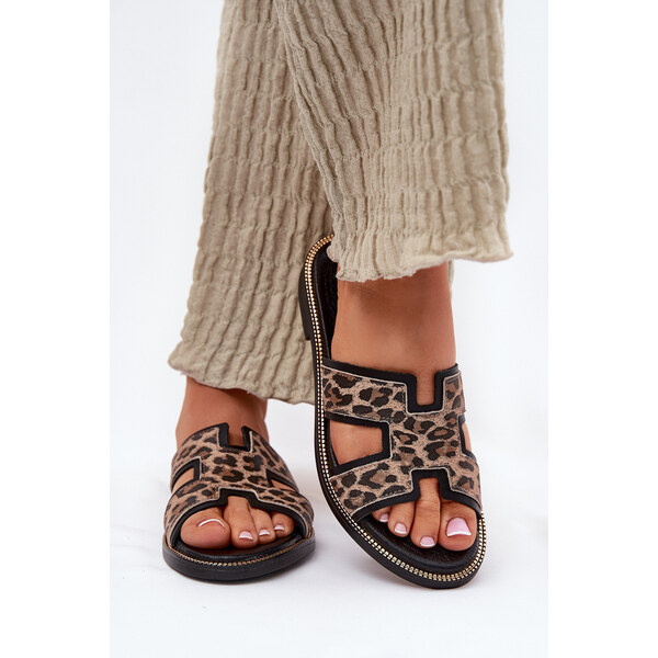 Skórzane Płaskie Klapki W Panterkę Zazoo 40383 Czarne 66662959