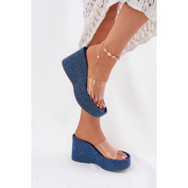 Boto Klapki Damskie Na Koturnie Z Transparentnym Paskiem Jeansowe 66663119