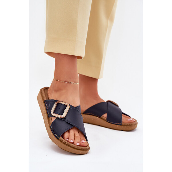 Skórzane Klapki Damskie Z Klamrą Inblu ED0003IU Granatowe 66663334