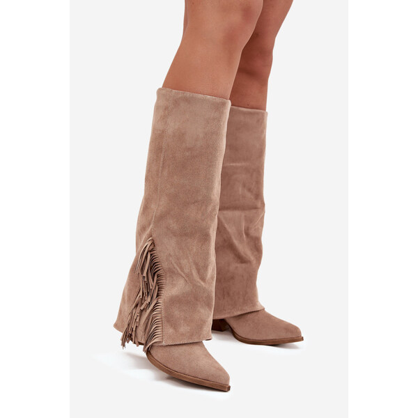 Kesi Dámske kovbojské čižmy Zalia s strapcami na podpätku - béžové 66884264