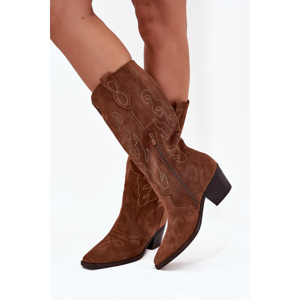 Kesi Semišové dámske kovbojské čižmy Karira na podpätku - ťava 66884127