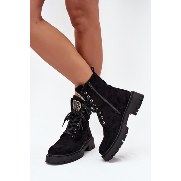 Kesi Dámske zateplené pracovné čižmy z eko semišu so šperkom - čierne 66884774