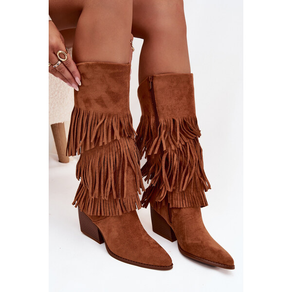 Kesi Dámske zateplené kovbojské čižmy so strapcami Brivina - camel 66884133