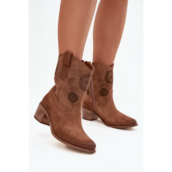 Zamszowe Skórzane Botki Damskie Ażurowe Na Obcasie Zazoo 3844 Brązowe 66664198
