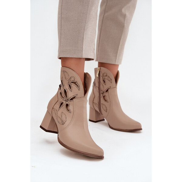Skórzane Ażurowe Botki Damskie Na Słupku Zazoo 3647 Jasnobeżowe 66664204