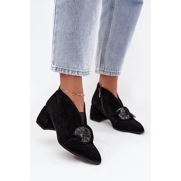 Skórzane Zamszowe Botki Damskie Na Obcasie Z Ozdobą D&A MR52-182 66664293