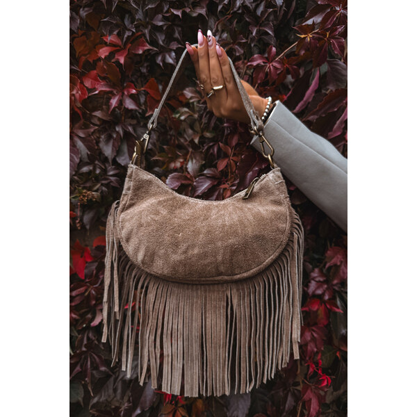 Boto Kožená semišová kabelka s třásněmi tmavě béžová Aurelisse 66664625