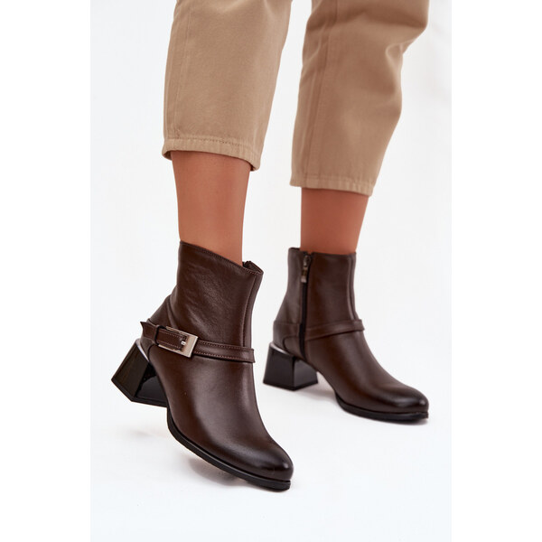 Kesi Dámske kožené čižmy na podpätku Zazoo - čokoládové 66884161