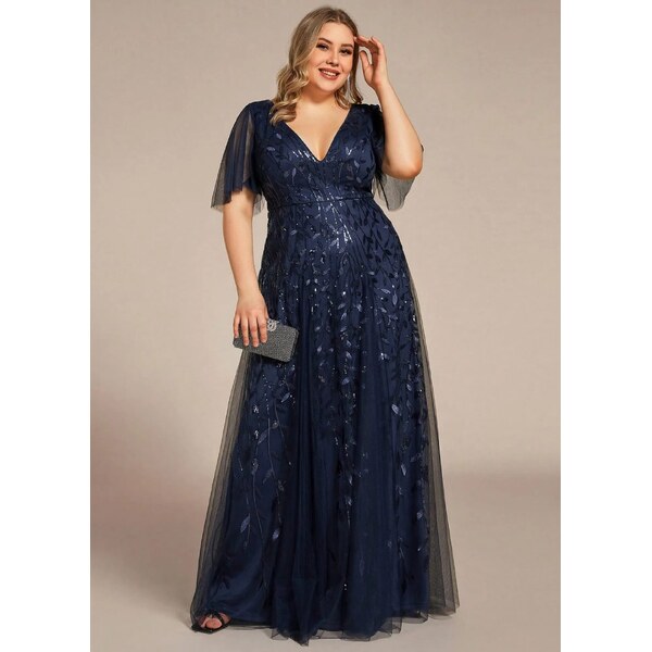 Dlhé šaty s flitrovanými lístkami tmavomodré 66667140