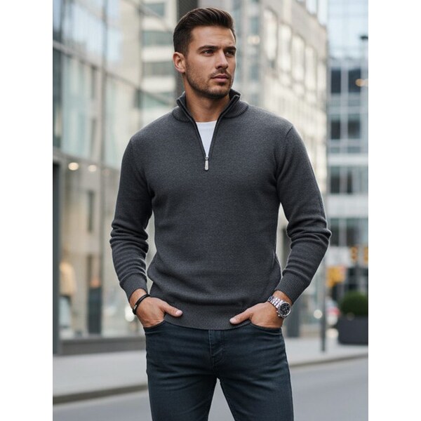 Dstreet Moderný grafitový pánsky sveter so zipsom 66691484