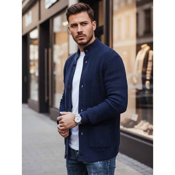 Dstreet Štýlový modrý sveter pre pánov so zapínaním na gombíky 66691488