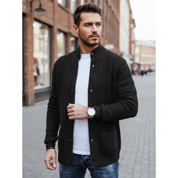Dstreet Štýlový čierny sveter pre pánov so zapínaním na gombíky 66691489
