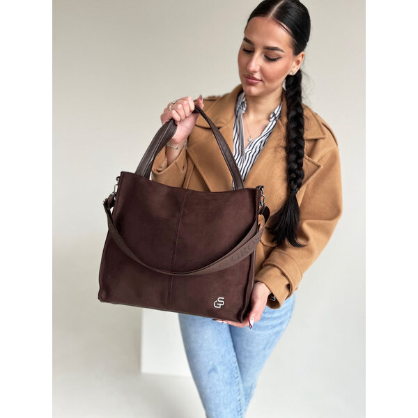 GROSSO Čokoládovo hnedá veľká kabelka s velúrom 66937844