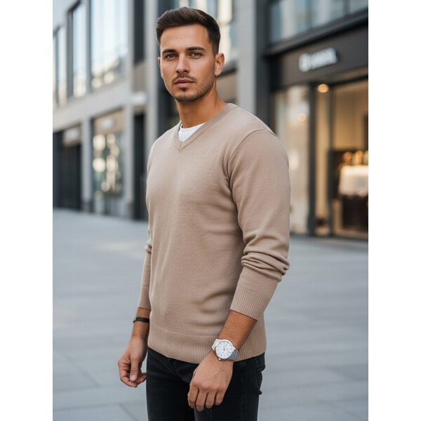 Dstreet Sveter pánsky v srdiečkovom výstrihu kamelový WX2318 66788468