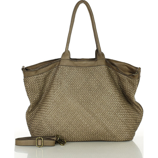MARCO MAZZINI Béžová kožená shopper kabelka s pletenou prednou časťou 66801196