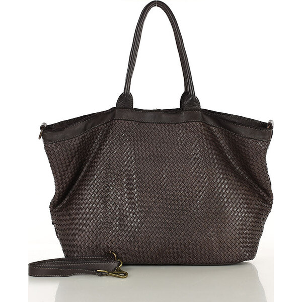 MARCO MAZZINI Tmavohnedá kožená shopper kabelka s pletenou prednou 66801197