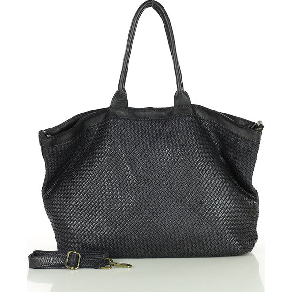 MARCO MAZZINI Čierna kožená shopper kabelka s pletenou prednou časťou 66801198