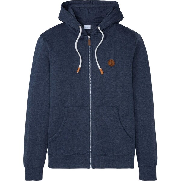 bonprix Mikinová bunda s kapucňou a koženkovými detailmi, farba modrá 48958230