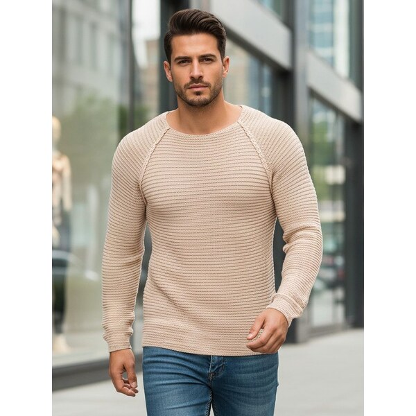 Dstreet Zaujímavý béžový pánsky sveter na bežné nosenie 63330802
