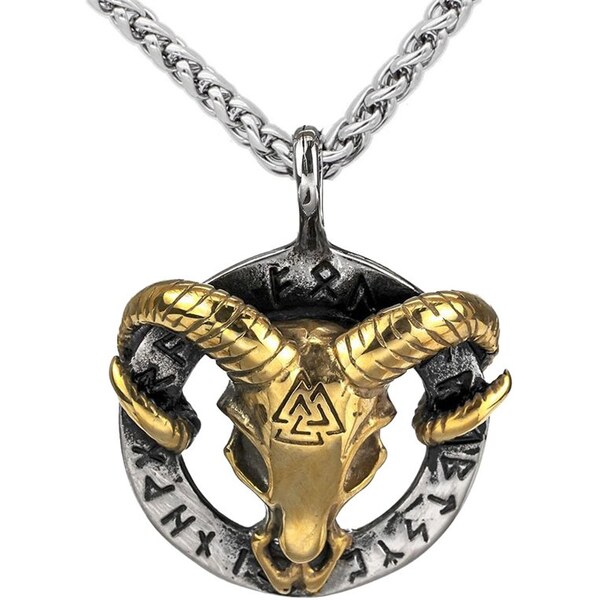 Impress Jewelry Oceľový prívesok Baraní lebka – Runy & Valknut Zlatý 66839678