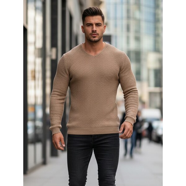 Dstreet Béžový pánsky sveter s výstrihom 66863047