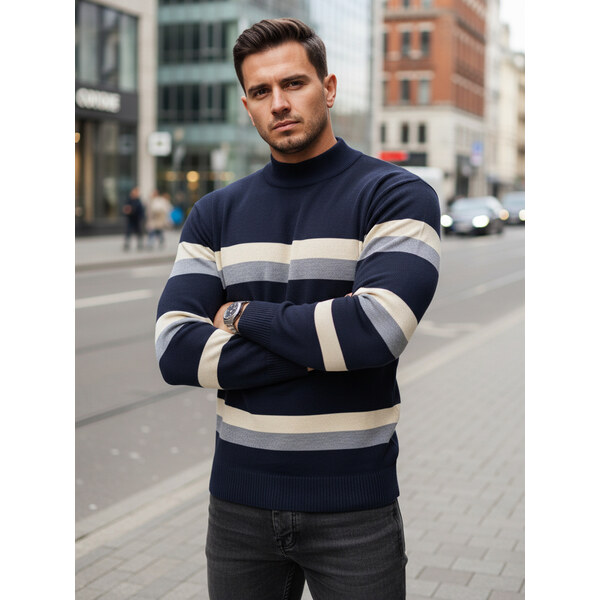 BASIC Pánsky sveter s rolákom - tmavomodrá/sivá/biela WX2126 46830839