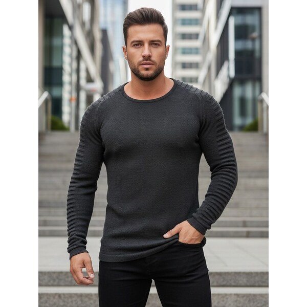 Dstreet Moderný pánsky sveter so zaujímavými rukávmi šedý 63330799